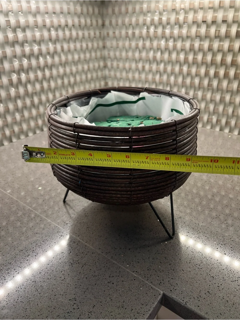 Dark Brown Woven Decorative Planter Bowl with Black Metal Legs